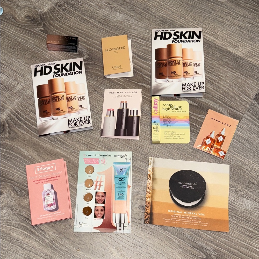 10 Makeup Samples Foundation, Setting Powder, Mascara, Contour, Highlight, Blush
